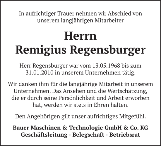Traueranzeige von Remigius Regensburger von merkurtz