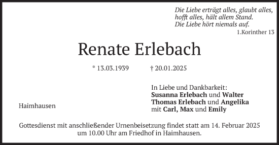 Traueranzeige von Renate Erlebach von merkurtz