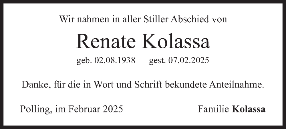 Traueranzeige für Renate Kolassa vom 15.02.2025 aus merkurtz