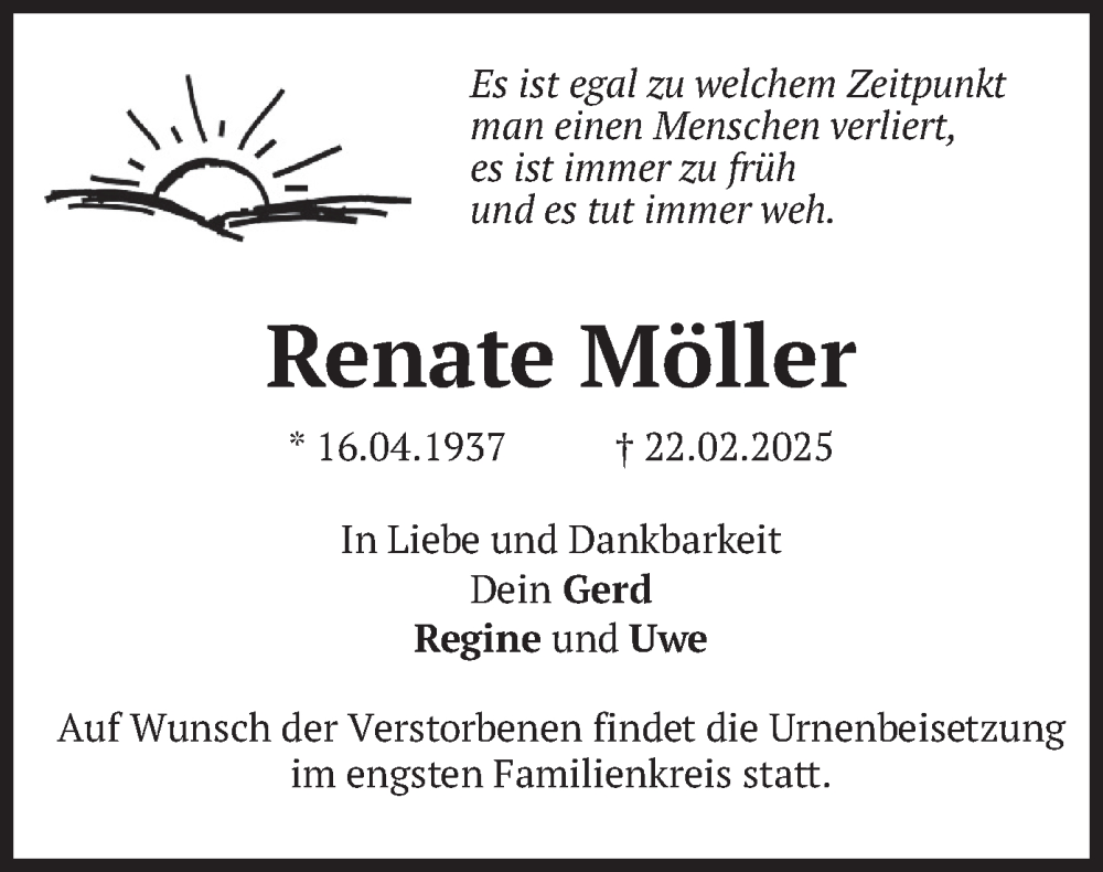  Traueranzeige für Renate Möller vom 28.02.2025 aus merkurtz