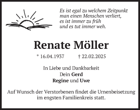 Traueranzeige von Renate Möller von merkurtz