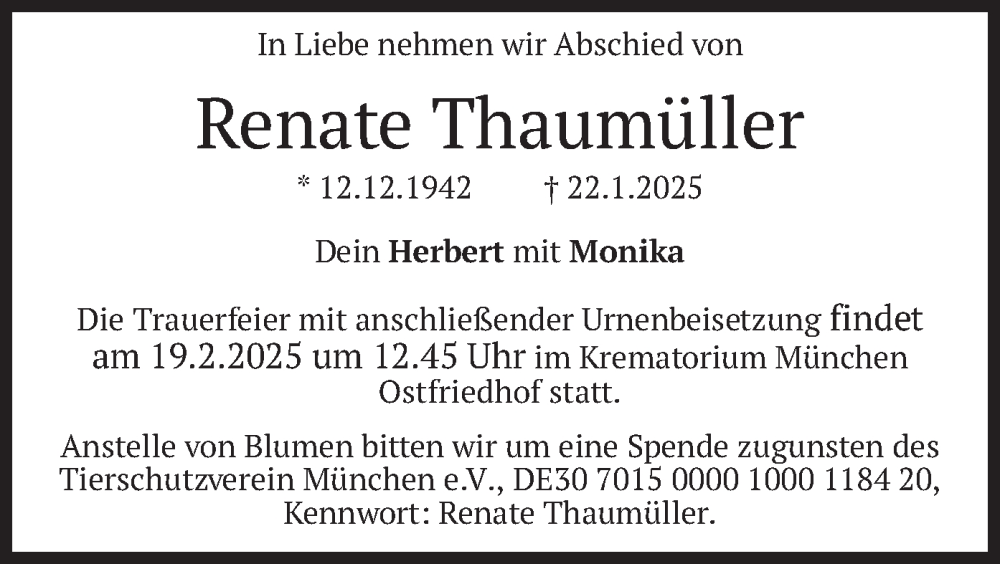  Traueranzeige für Renate Thaumüller vom 15.02.2025 aus merkurtz