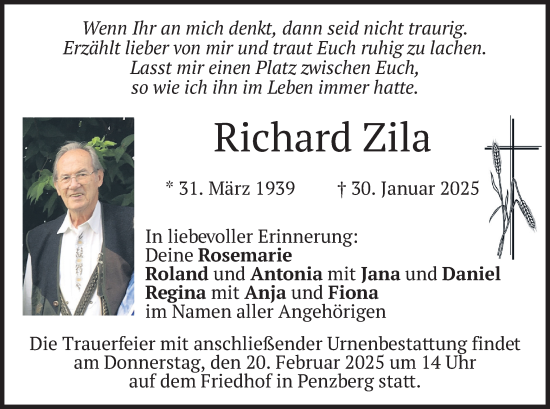 Traueranzeige von Richard Zila von merkurtz