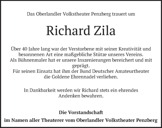 Traueranzeige von Richard Zila von merkurtz