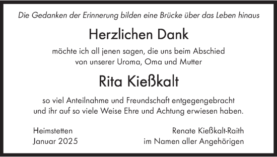 Traueranzeige von Rita Kießkalt von merkurtz