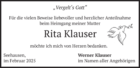 Traueranzeige von Rita Klauser von merkurtz