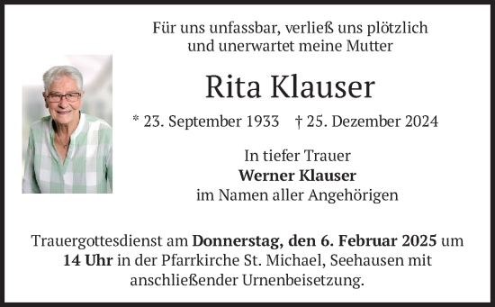 Traueranzeige von Rita Klauser von merkurtz