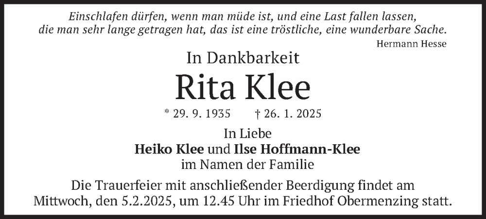  Traueranzeige für Rita Klee vom 01.02.2025 aus merkurtz