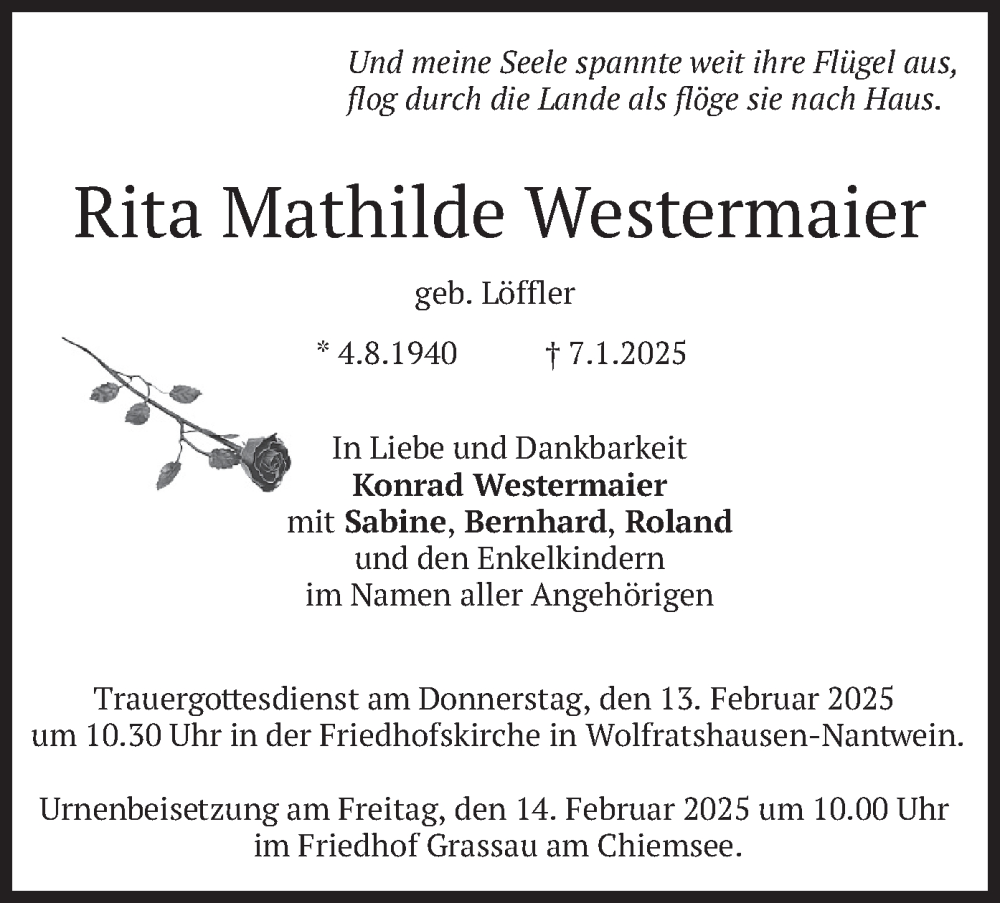  Traueranzeige für Rita Mathilde Westermaier vom 08.02.2025 aus merkurtz
