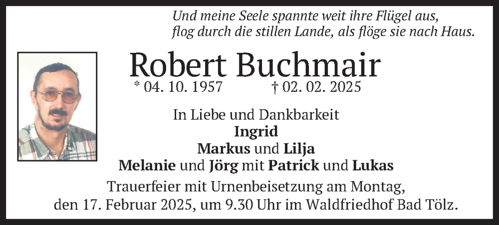  Traueranzeige für Robert Buchmair vom 13.02.2025 aus merkurtz