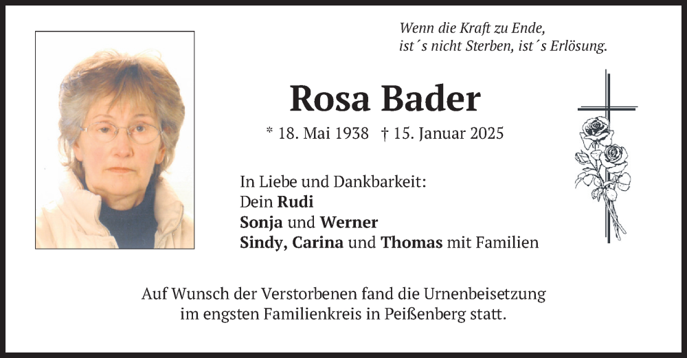  Traueranzeige für Rosa Bader vom 15.02.2025 aus merkurtz