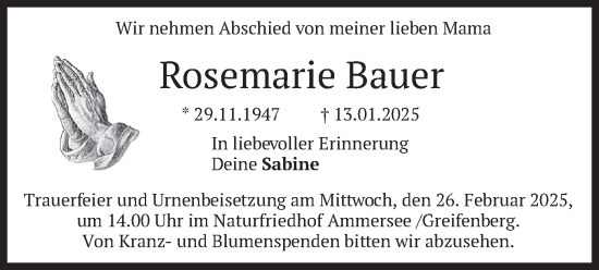 Traueranzeige von Rosemarie Bauer von merkurtz