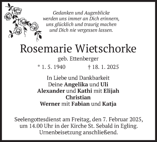 Traueranzeige von Rosemarie Wietschorke von merkurtz