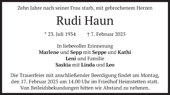 Traueranzeige von Rudi Haun von merkurtz