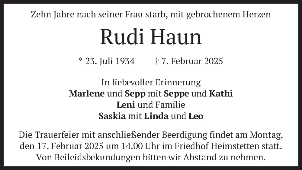  Traueranzeige für Rudi Haun vom 15.02.2025 aus merkurtz