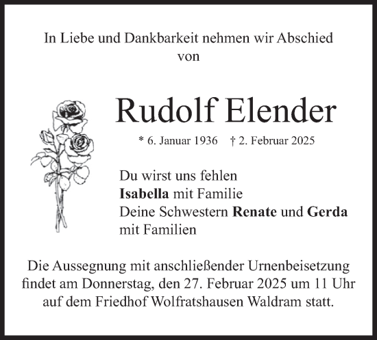 Traueranzeige von Rudolf Elender von merkurtz