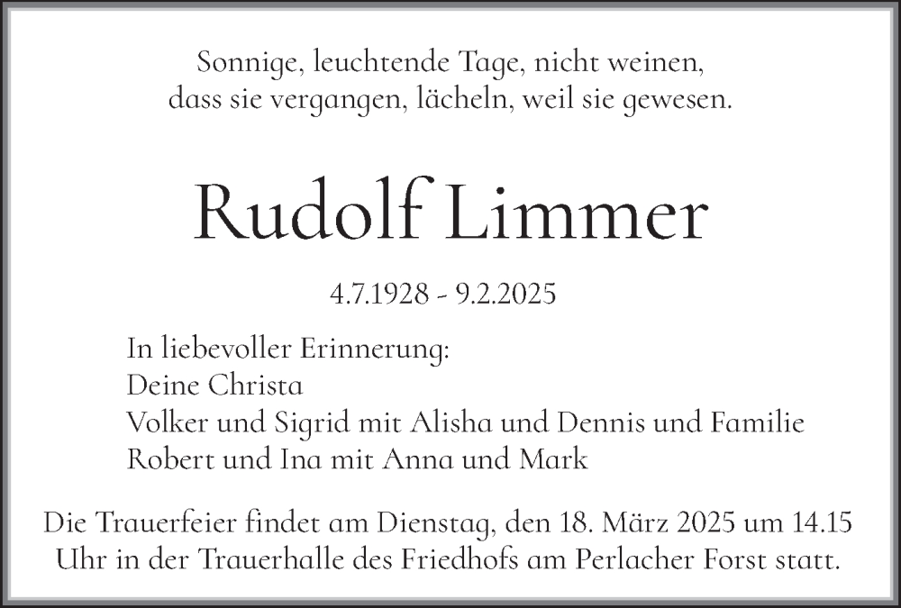  Traueranzeige für Rudolf Limmer vom 25.02.2025 aus merkurtz