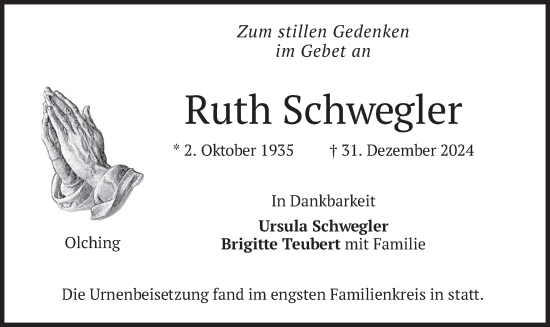 Traueranzeige von Ruth Schwegler von merkurtz