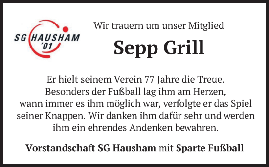Traueranzeige von Sepp Grill von merkurtz