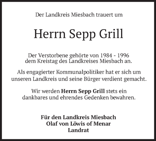Traueranzeige von Sepp Grill von merkurtz