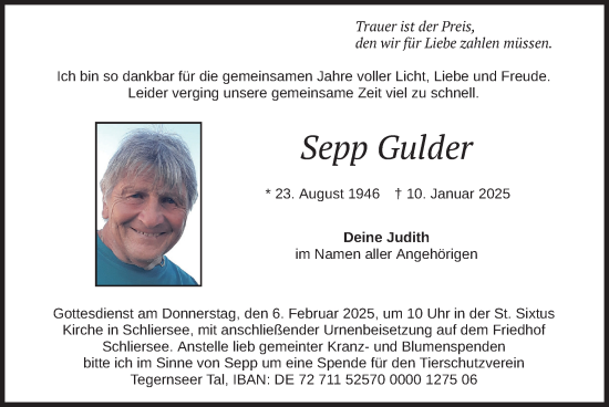 Traueranzeige von Sepp Gulder von merkurtz