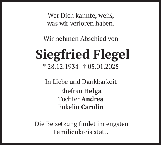 Traueranzeige von Siegfried Flegel von merkurtz