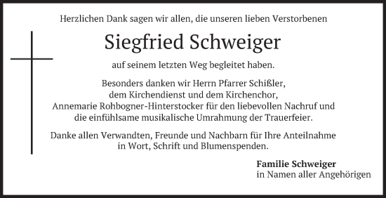Traueranzeige von Siegfried Schweiger von merkurtz