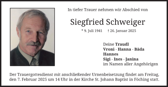 Traueranzeige von Siegfried Schweiger von merkurtz
