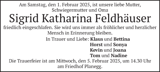 Traueranzeige von Sigrid Katharina Feldhäuser von merkurtz