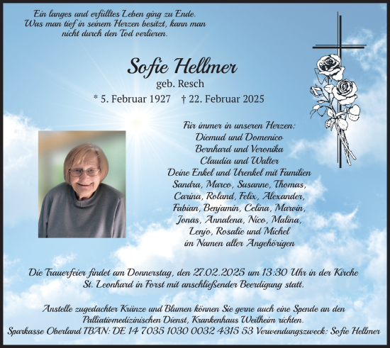 Traueranzeige von Sofie Hellmer von merkurtz
