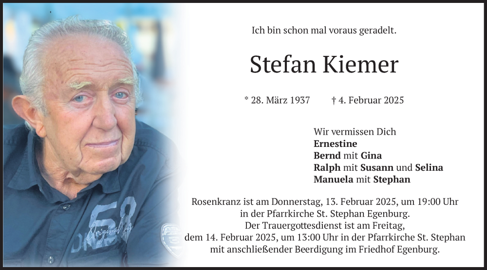  Traueranzeige für Stefan Kiemer vom 08.02.2025 aus merkurtz