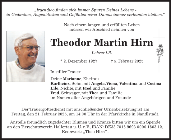 Traueranzeige von Theodor Martin Hirn von merkurtz