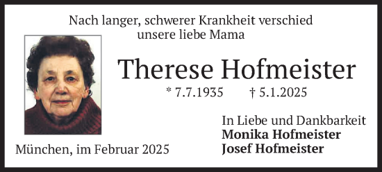 Traueranzeige von Therese Hofmeister von merkurtz