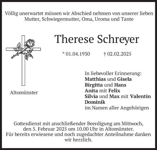Traueranzeige von Therese Schreyer von merkurtz