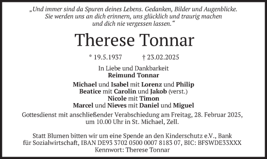 Traueranzeige von Therese Tonnar von merkurtz