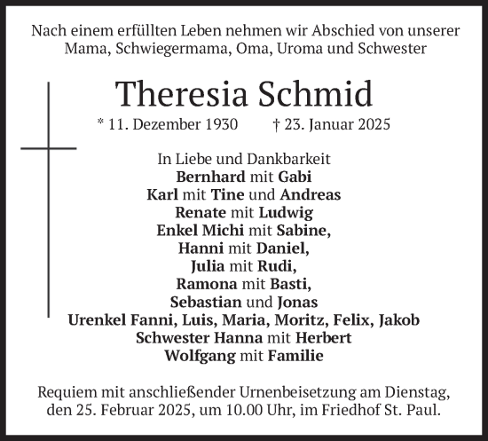 Traueranzeige von Theresia Schmid von merkurtz