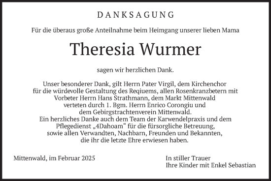 Traueranzeige von Theresia Wurmer von merkurtz