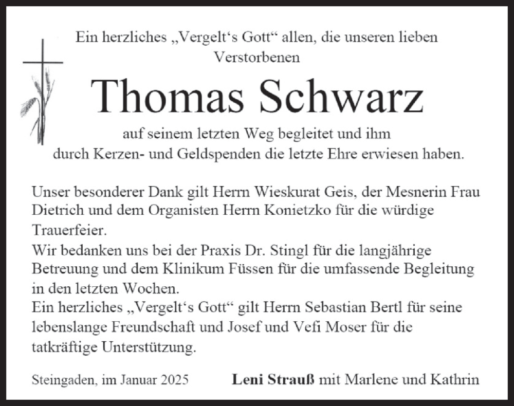 Traueranzeige für Thomas Schwarz vom 01.02.2025 aus merkurtz