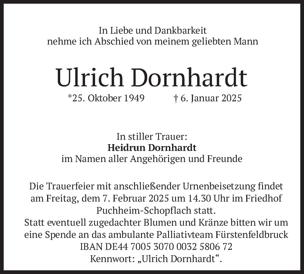  Traueranzeige für Ulrich Dornhardt vom 01.02.2025 aus merkurtz