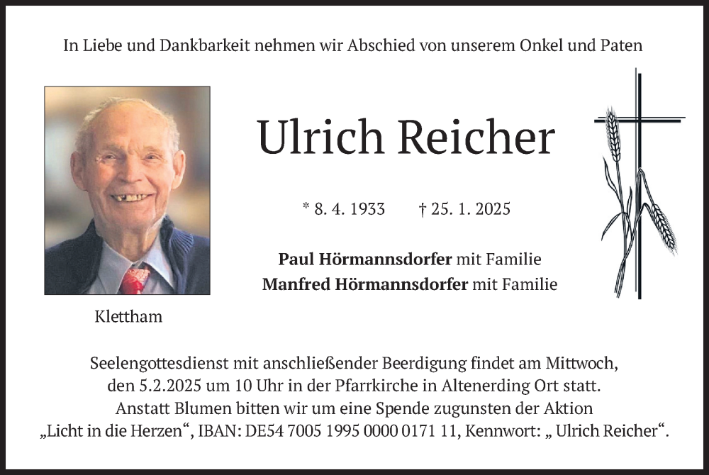  Traueranzeige für Ulrich Reicher vom 01.02.2025 aus merkurtz