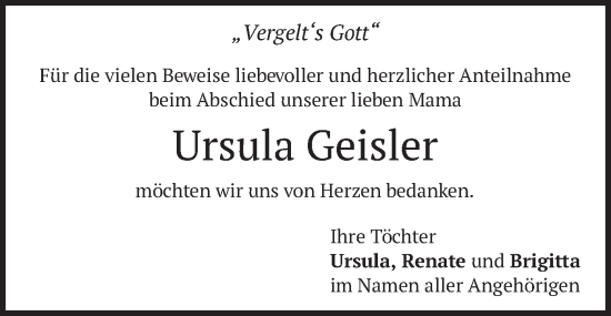 Traueranzeige von Ursula Geisler von merkurtz
