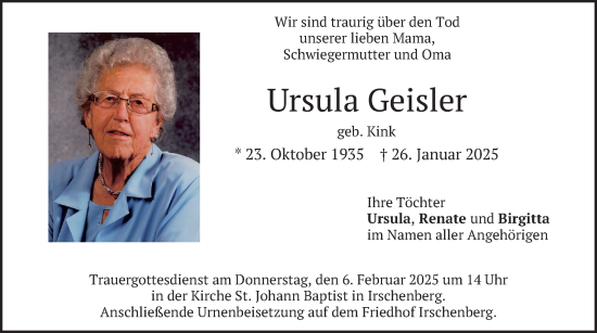 Traueranzeige von Ursula Geisler von merkurtz