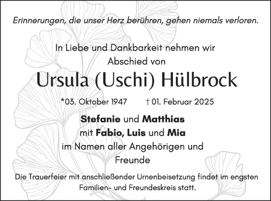 Traueranzeige von Ursula Hülbrock von merkurtz