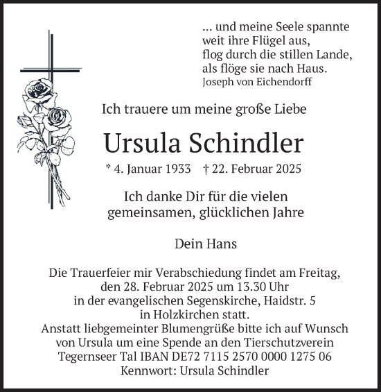 Traueranzeige von Ursula Schindler von merkurtz