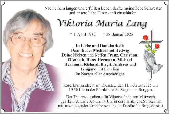 Traueranzeige von Viktoria Maria Lang von merkurtz