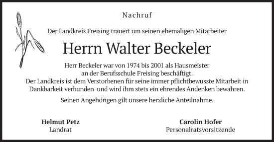 Traueranzeige von Walter Beckeler von merkurtz