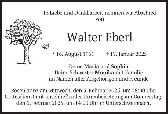 Traueranzeige von Walter Eberl von merkurtz
