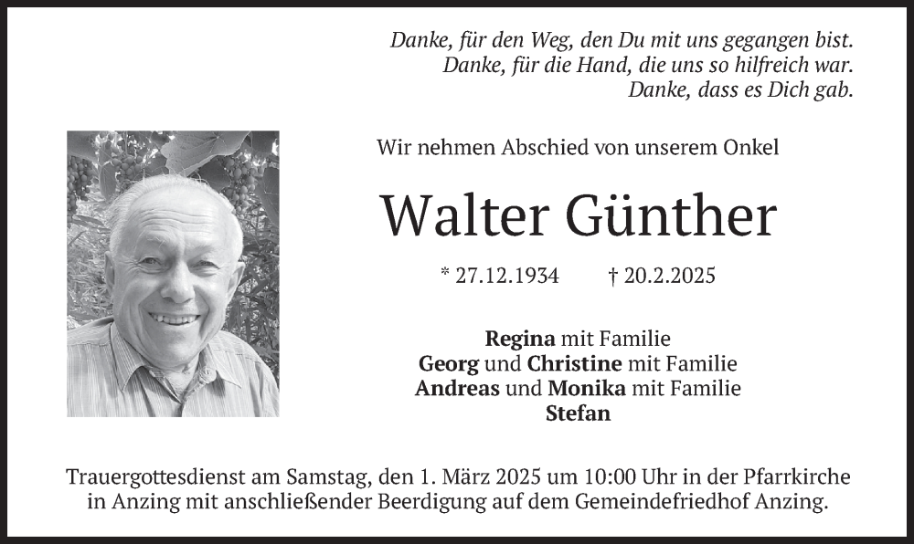  Traueranzeige für Walter Günther vom 25.02.2025 aus merkurtz