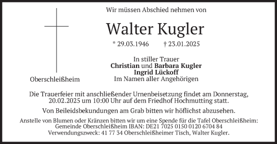 Traueranzeige von Walter Kugler von merkurtz