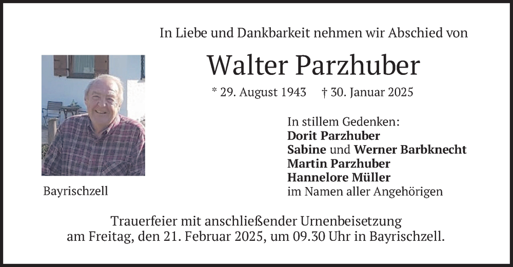  Traueranzeige für Walter Parzhuber vom 15.02.2025 aus merkurtz